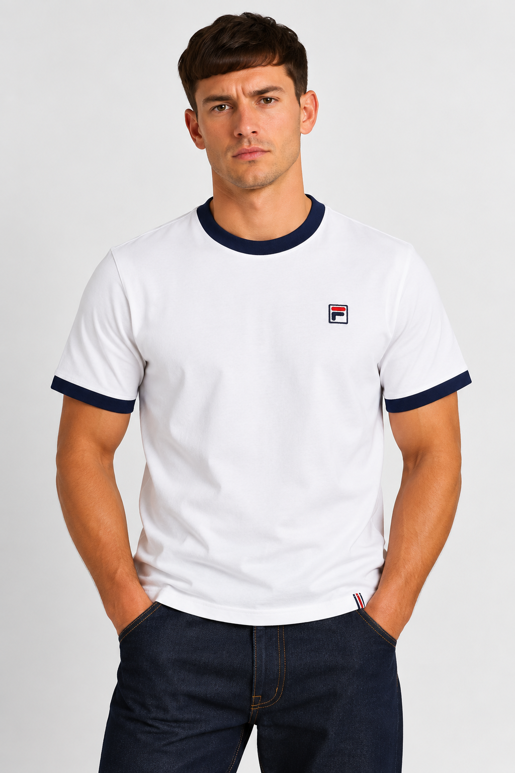 FILA Marconi White Navy Mens Ringer T-Shirt Front View